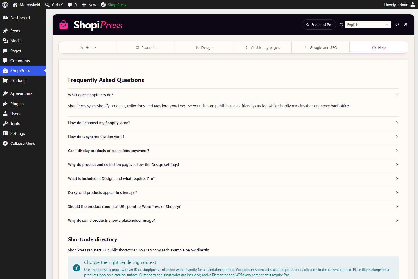 ShopiPress plugin interface: Help and shortcode directory.