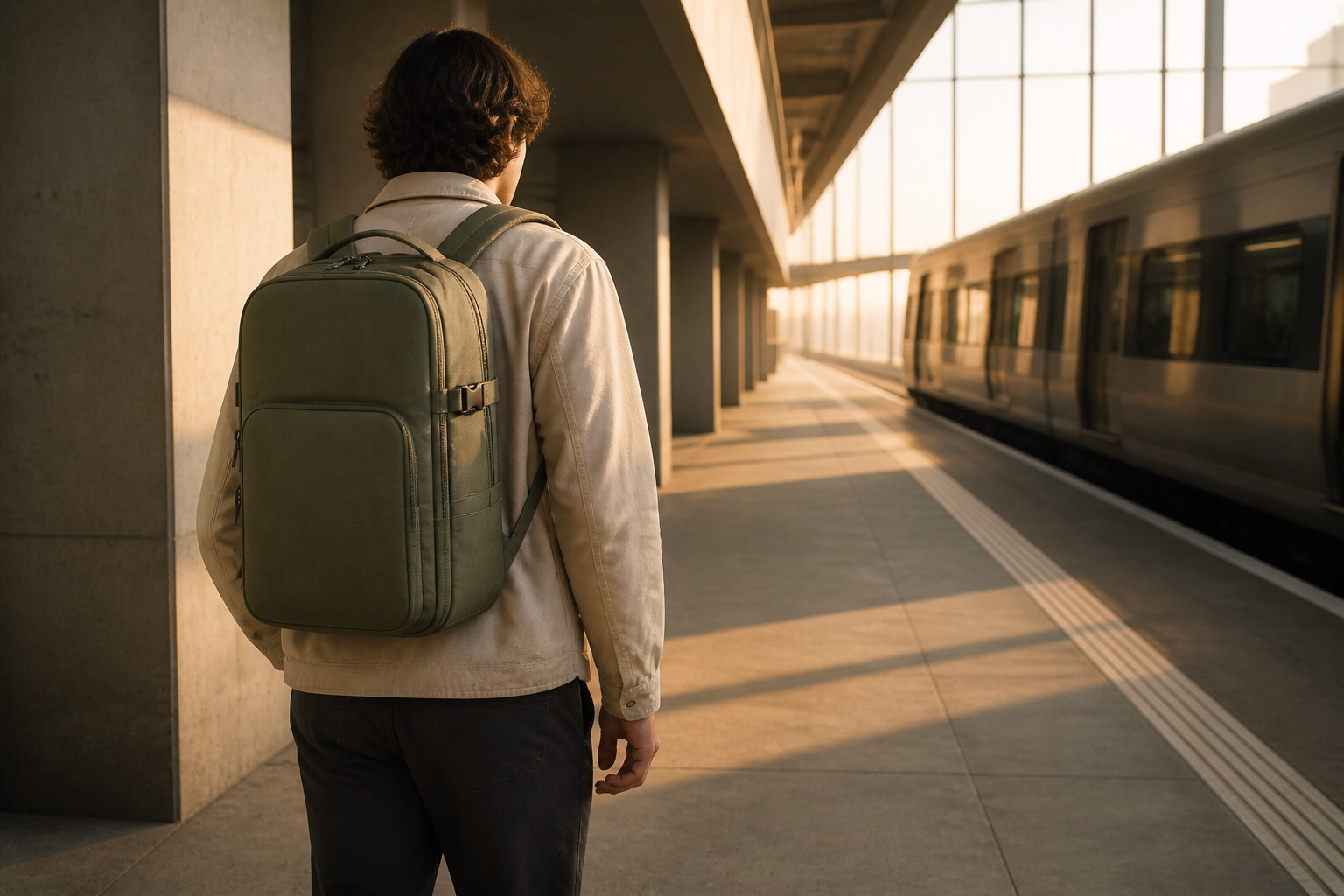 Fictional demonstration image: a traveller wearing the Transit 24 backpack on a sunlit train platform.