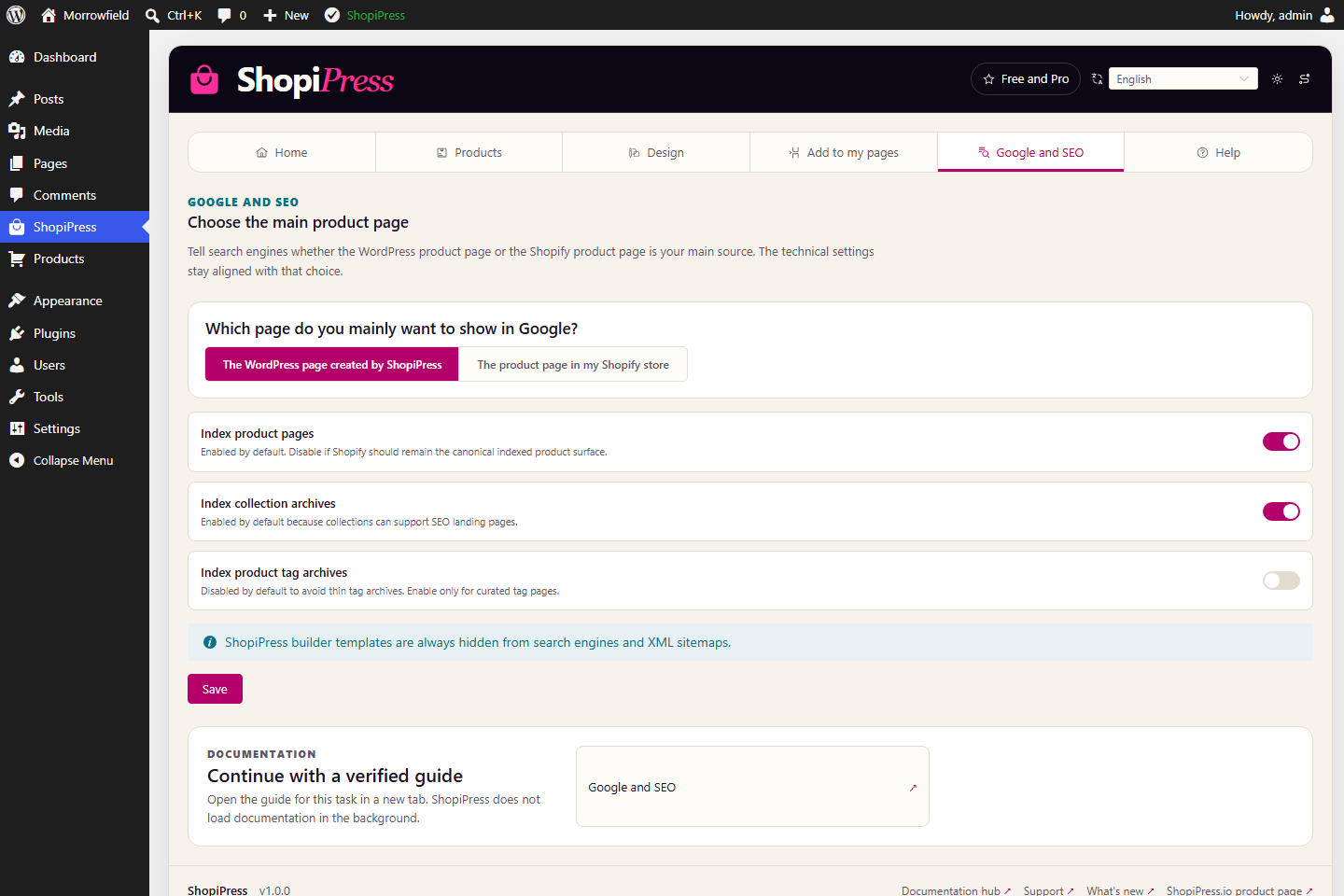 ShopiPress plugin interface: Google and SEO controls.