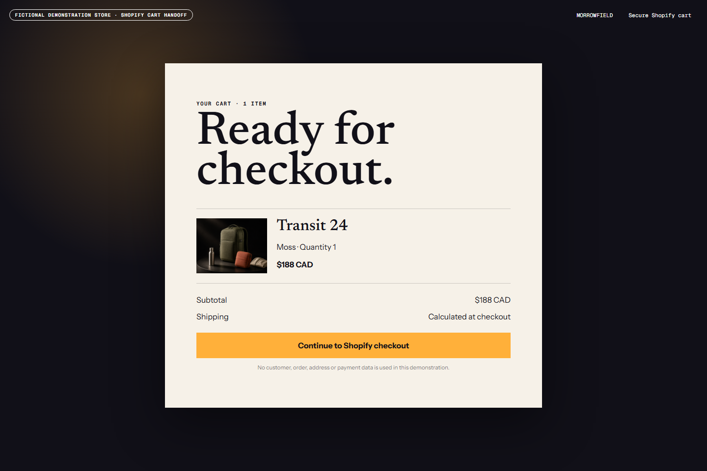 Shopify checkout handoff. The buying action returns the customer to Shopify for the cart, transaction and checkout.