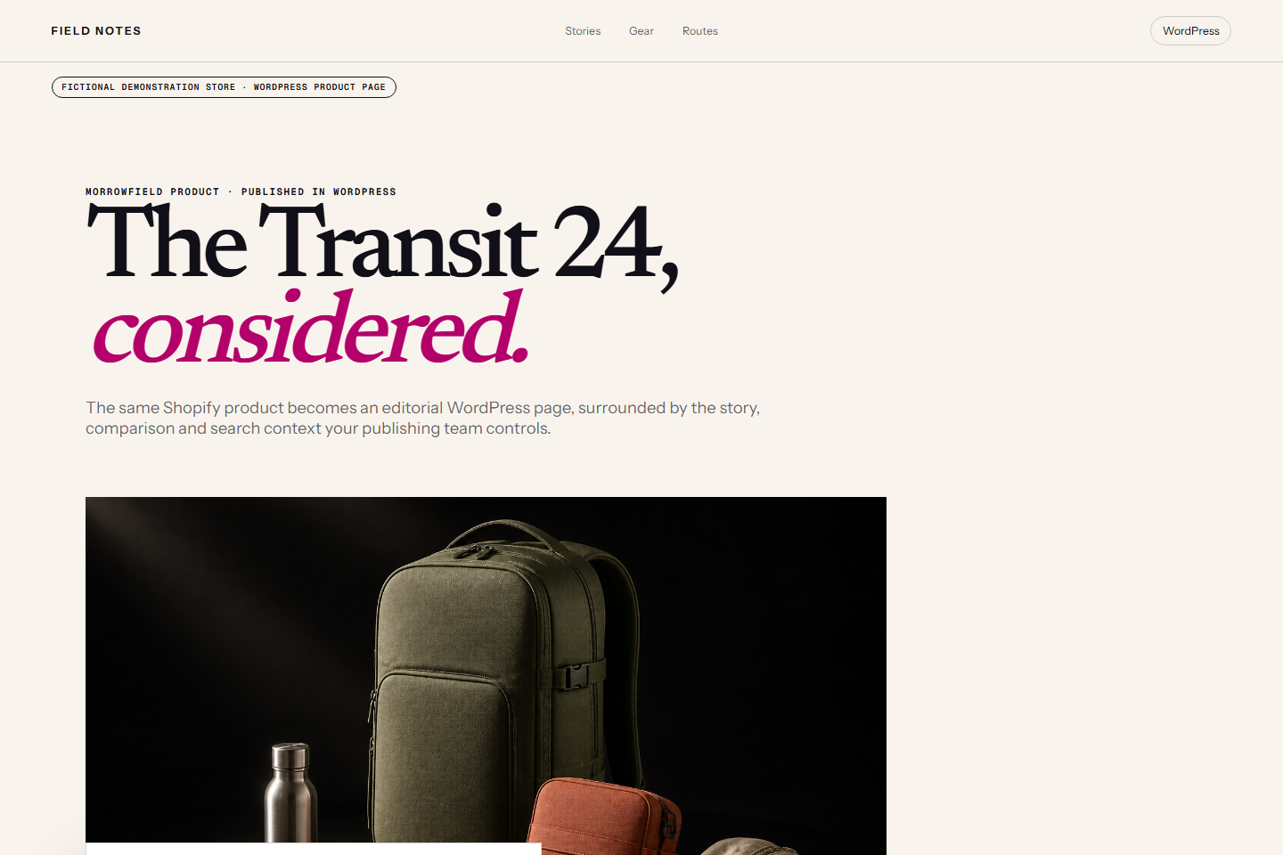 WordPress product page. The same product can be published with WordPress templates and editorial context.